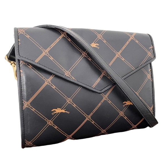 Longchamp Handbags - Longchamp black horse buckle print patterned leather vintage bag
